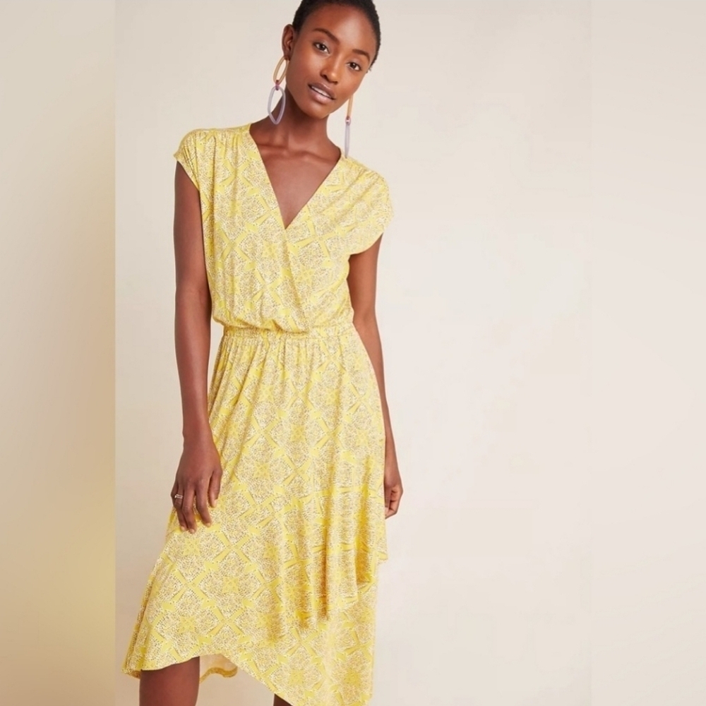 Maeve Yellow Absract Print Asymetrical Hem Shortsleeve Dress Size M - Picture 2 of 13